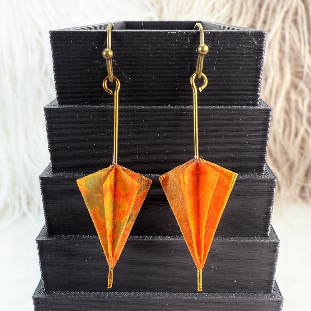 Vintage Origami Brown Orange bohemian chic pierced Earrings - Picture 7 of 7